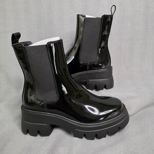 Platform Chelsea Boots Size 9 Black Patent Lug Sole Edgy Grunge Y2K Chunky Goth